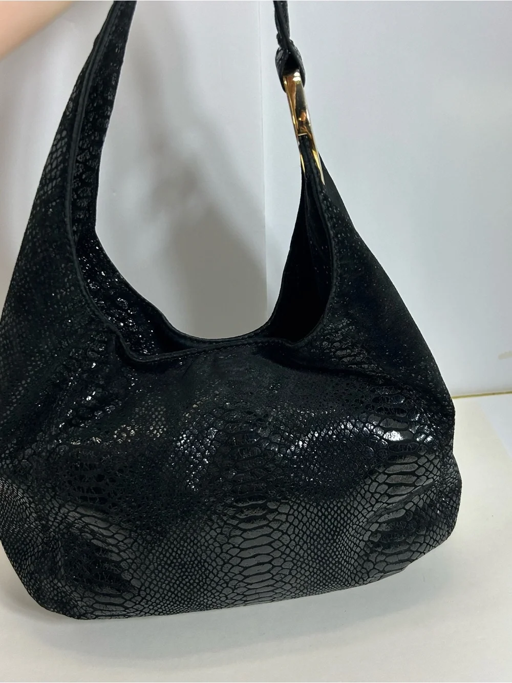 Michael Kors Black Snakeskin Hobo Shoulder Bag Purse Y2K Sparkle Gold Hardware